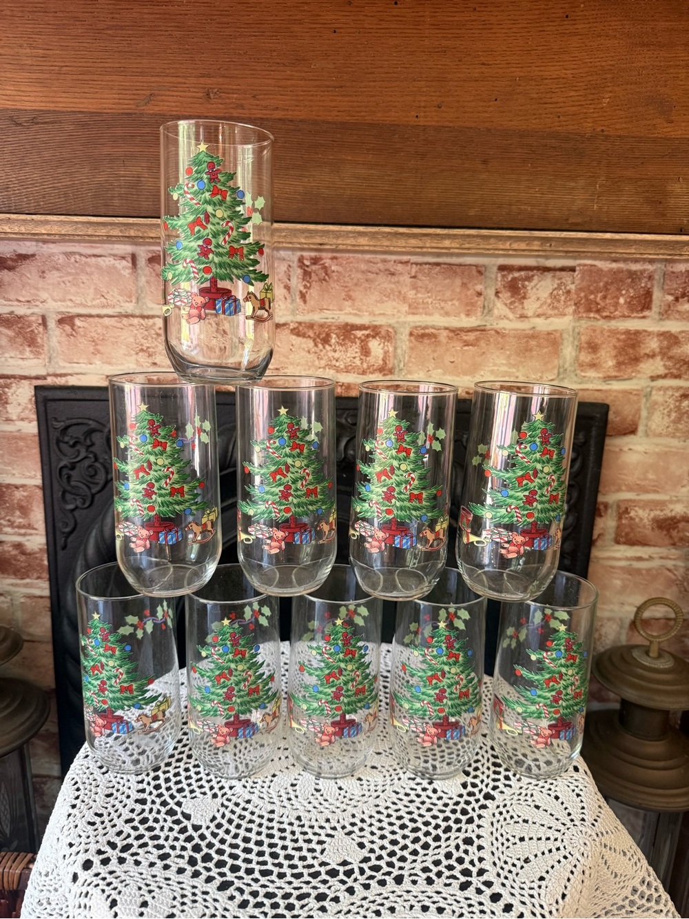 Vtg Luminarc Noel Christmas Glasses Tumblers Victorian Tree with Toys Set of 10